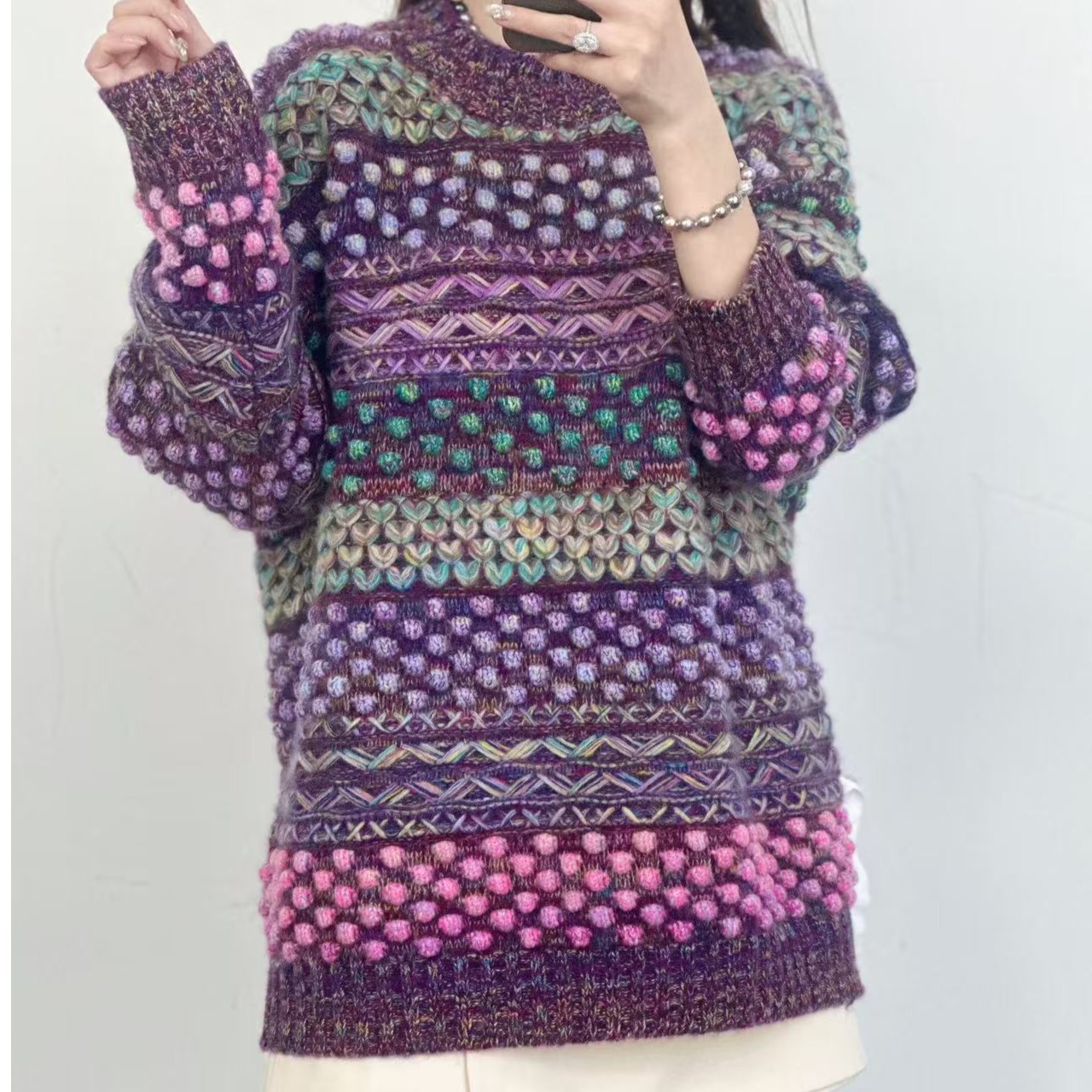 [珠光宝气][卡诗米羊绒]26070潮牌时尚女款针织宽松慵懒风上衣