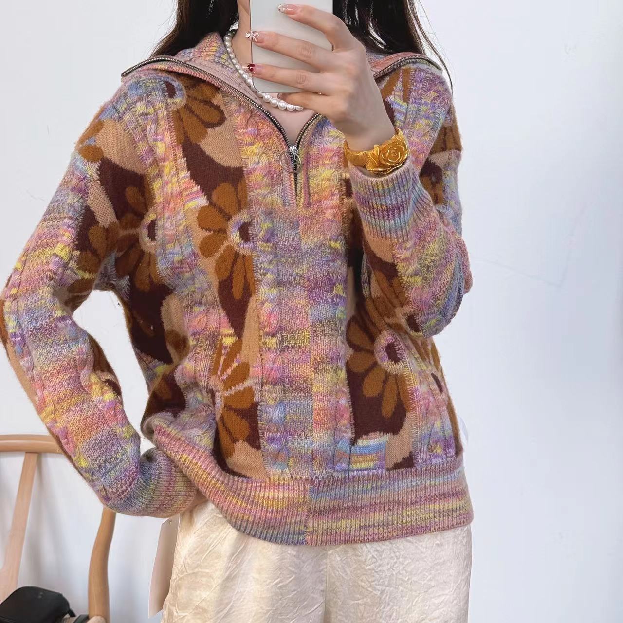 【卡诗米羊绒】24035太阳花潮牌时尚女款针织宽松慵懒风上衣