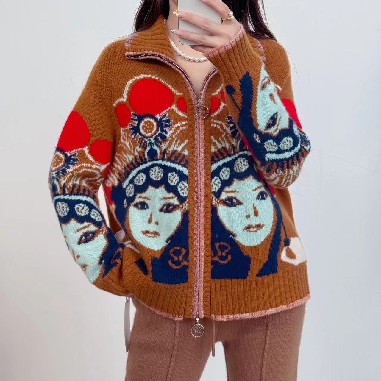 【卡诗米羊绒】24226国风脸谱开衫山羊绒100%时尚女款针织宽松上衣