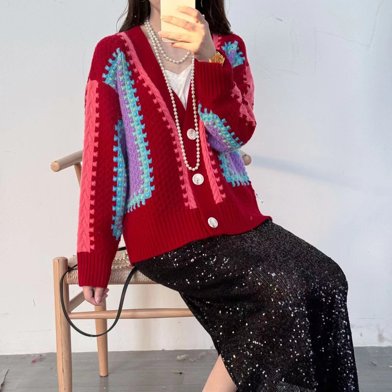 【卡诗米羊绒】24282开衫山羊绒100%时尚女款针织宽松慵懒风上衣