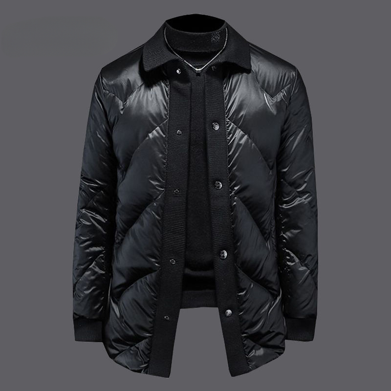 欧洲站针织领中长款羽绒服男2023年冬季新款保暖西装领亮面外套潮