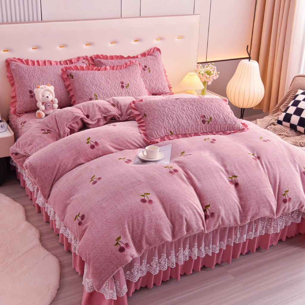 直播爆款牛奶绒印花蕾丝花边床盖床裙单件三件套双层夹棉加厚四件