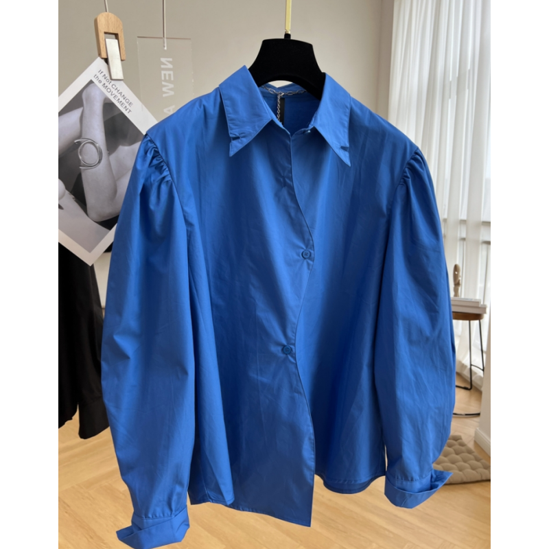 法式设计感小众独特别致泡泡袖上衣女长袖斜门襟衬衫潮早秋季欧货