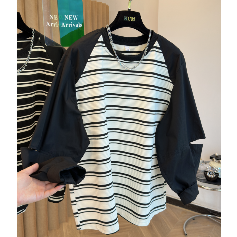2024夏韩版设计感小众插肩袖条纹长袖t恤女复古减龄宽松百搭上衣