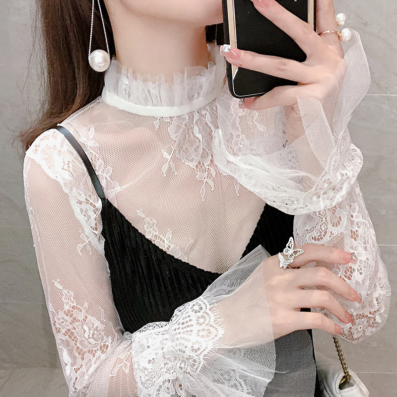 荷叶边洋气蕾丝打底衫女爆款2025新款白色内搭高级感镂空薄纱上衣