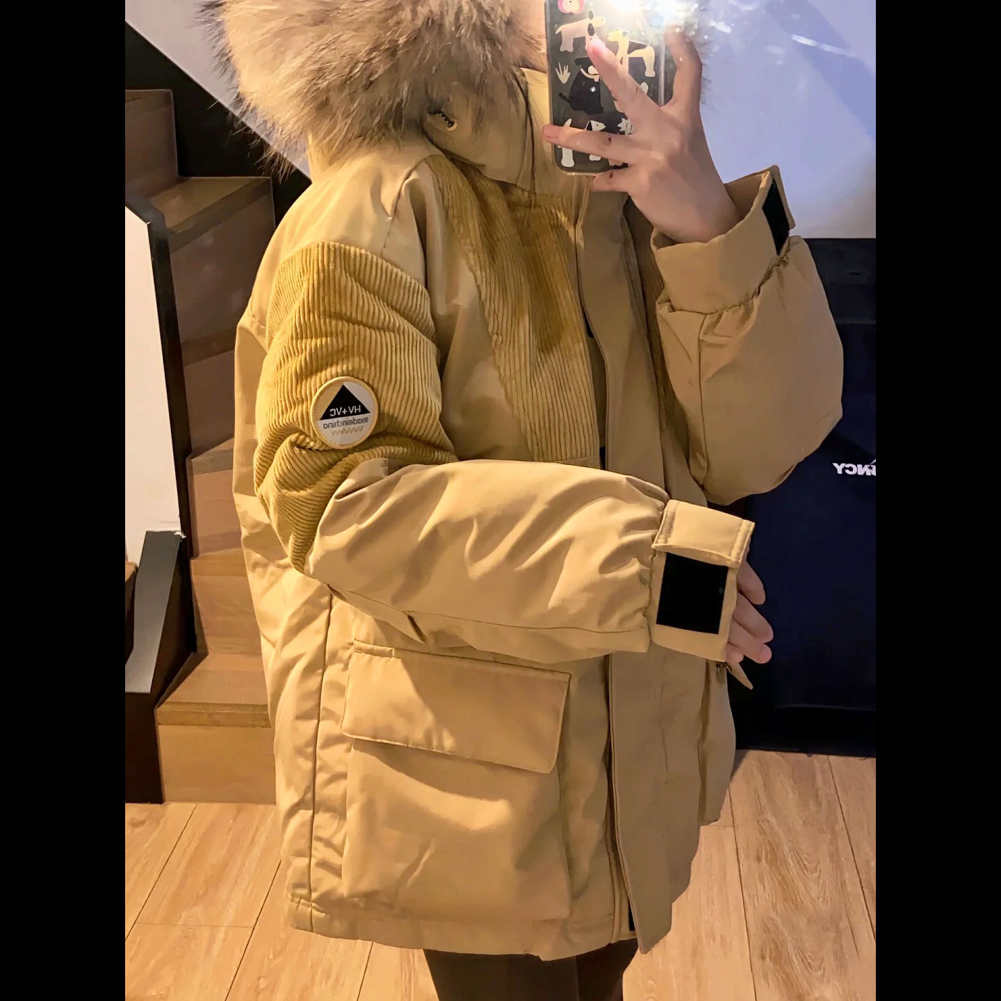 情侣款工装羽绒衣棉服2023冬季新款中长款宽松加厚大毛领派克服外