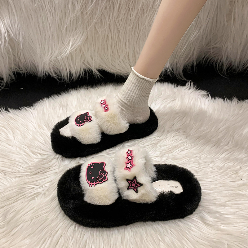 奶萌甜幼凯蒂猫毛绒绒拖鞋秋冬季厚底一字拖居家毛拖时尚棉拖鞋女