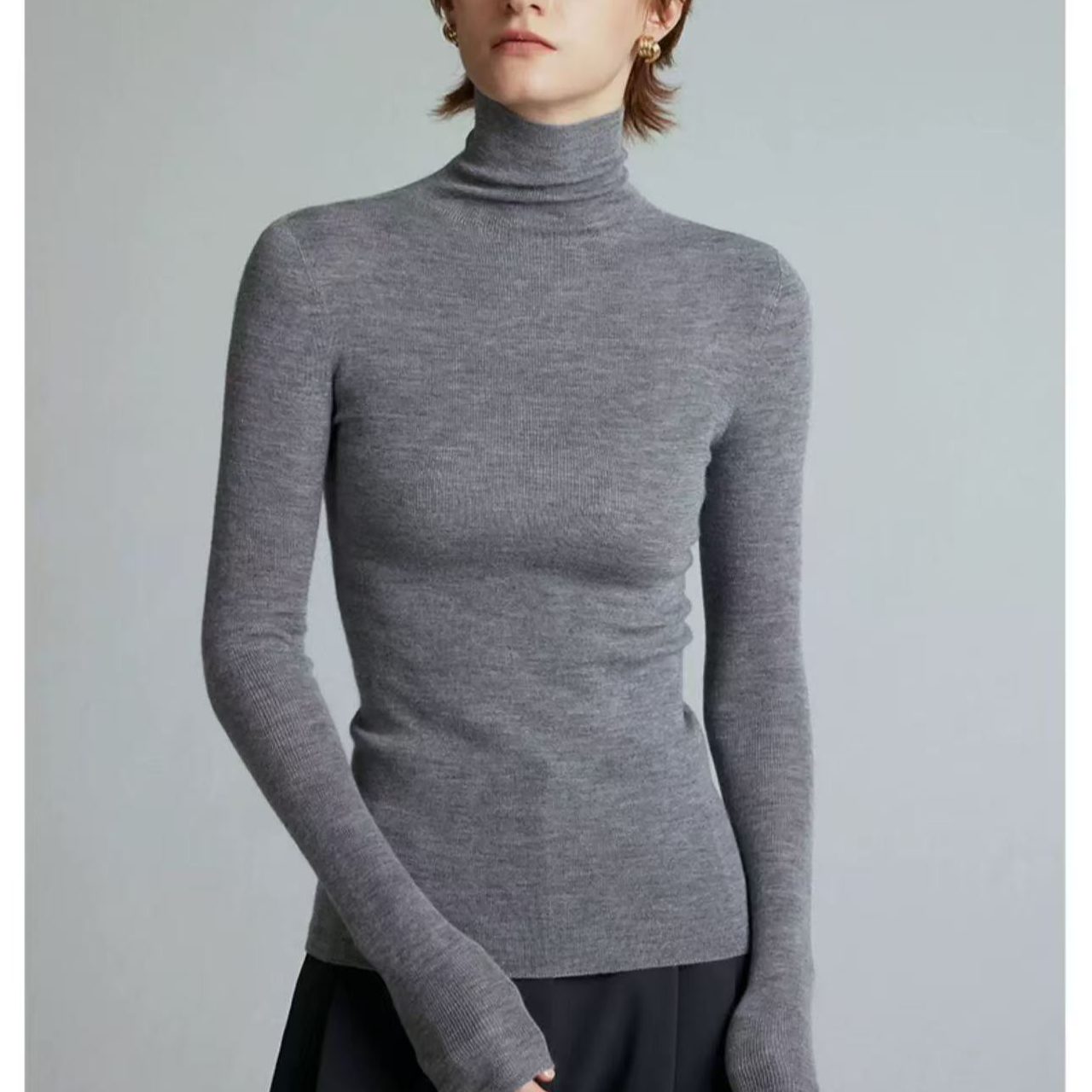 68支精纺基础无缝一线成衣打底衫 100%山羊绒堆堆领修身羊绒衫女