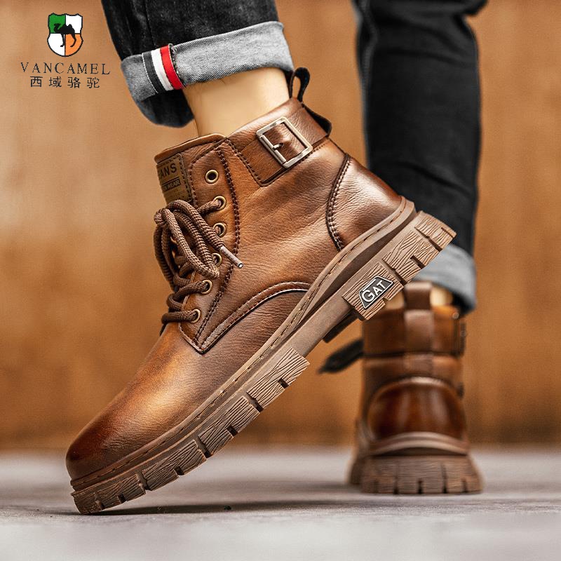 西域骆驼马丁靴男款2023新款冬季加绒保暖英伦风皮靴子秋季男士休