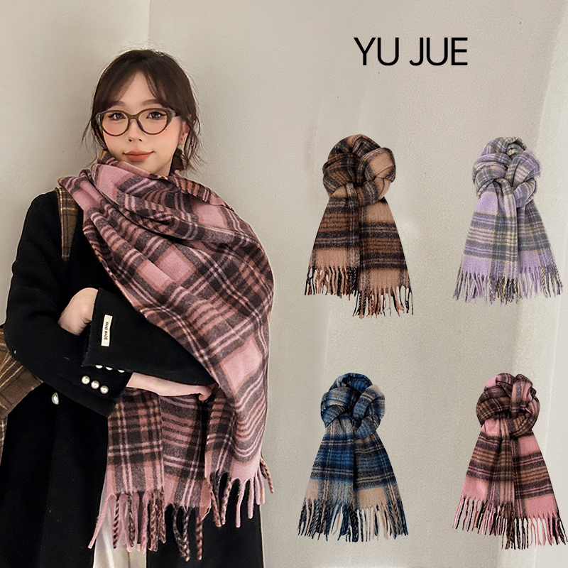 玉珏2025新款氛围感气质鹿毛绒格子围脖秋冬保暖百搭高级感围巾