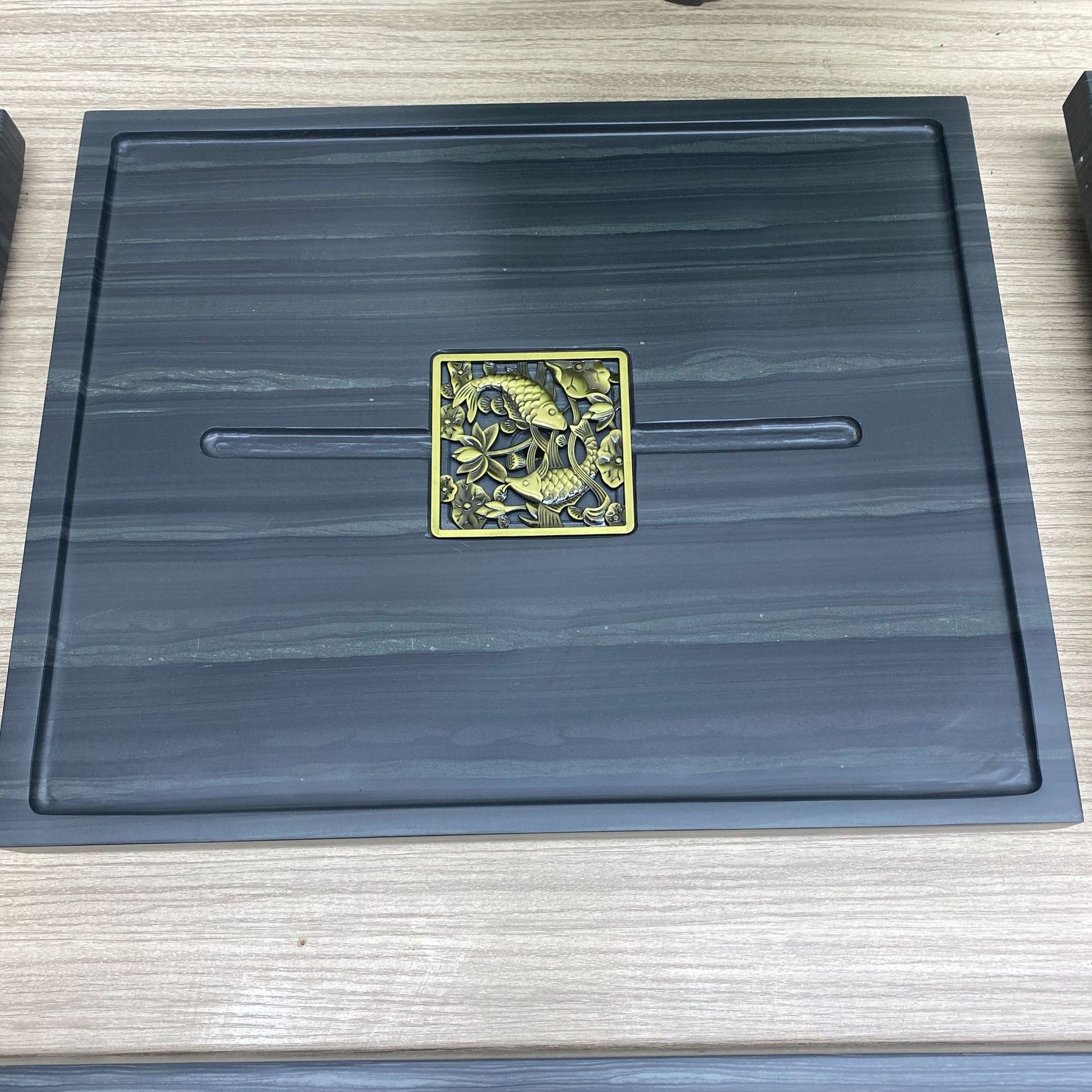 鱼跃龙门皇庭玉天然石制作茶盘功夫内嵌式石茶盘精致家用办公茶盘