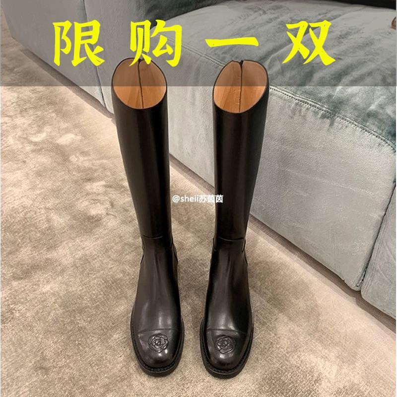 红蜻蜓牌刺绣山茶花真皮高筒长靴女士骑士靴小个子女款长筒靴鞋