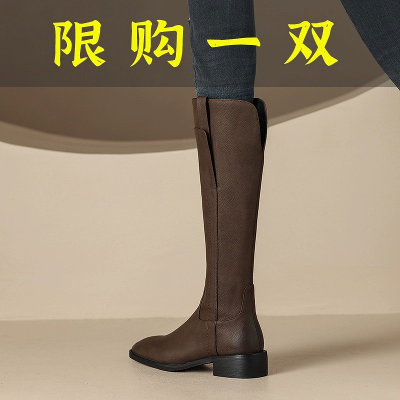 红蜻蜓牌真皮粗跟骑士长靴过膝长筒女鞋2023秋冬季复古方头百搭