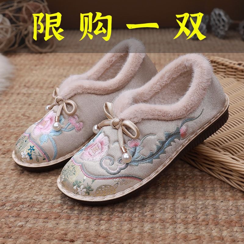 红蜻蜓牌冬季老北京布鞋女棉鞋复古民族风绣花加绒保暖软底防滑
