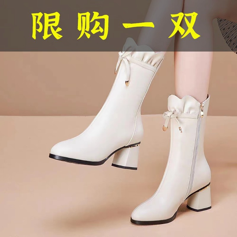 红蜻蜓牌正品真皮白色靴子中筒靴女2023秋冬季新款加绒高跟鞋短