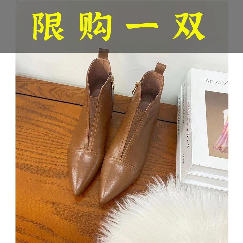 红蜻蜓牌气质复古粗跟尖头瘦瘦靴侧拉链秋冬新款真皮短筒裸靴松