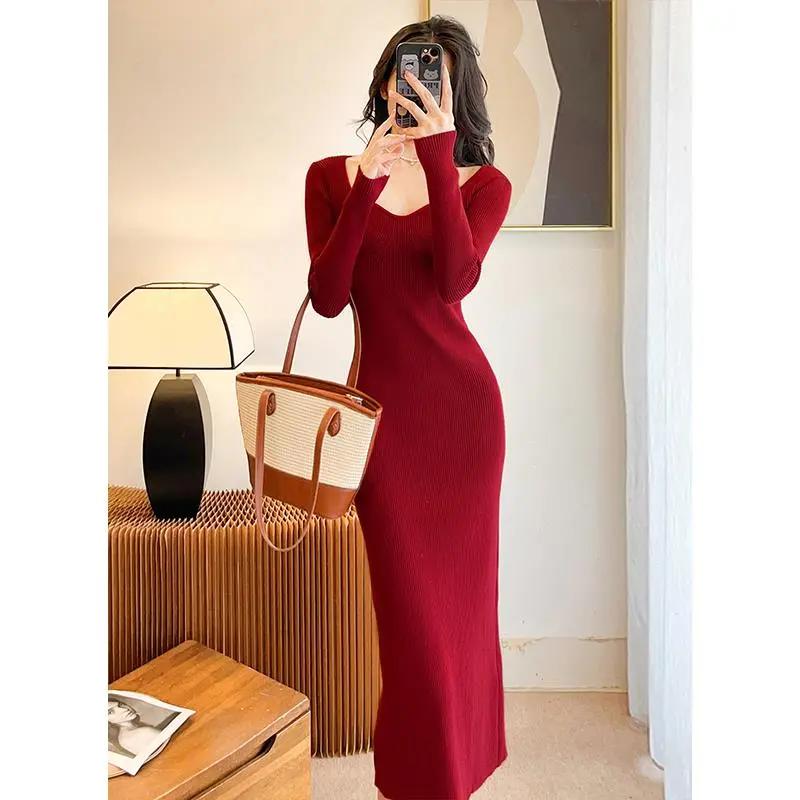 红色针织连衣裙女感赫本小红裙秋冬回门敬酒服开叉连衣裙气质长袖