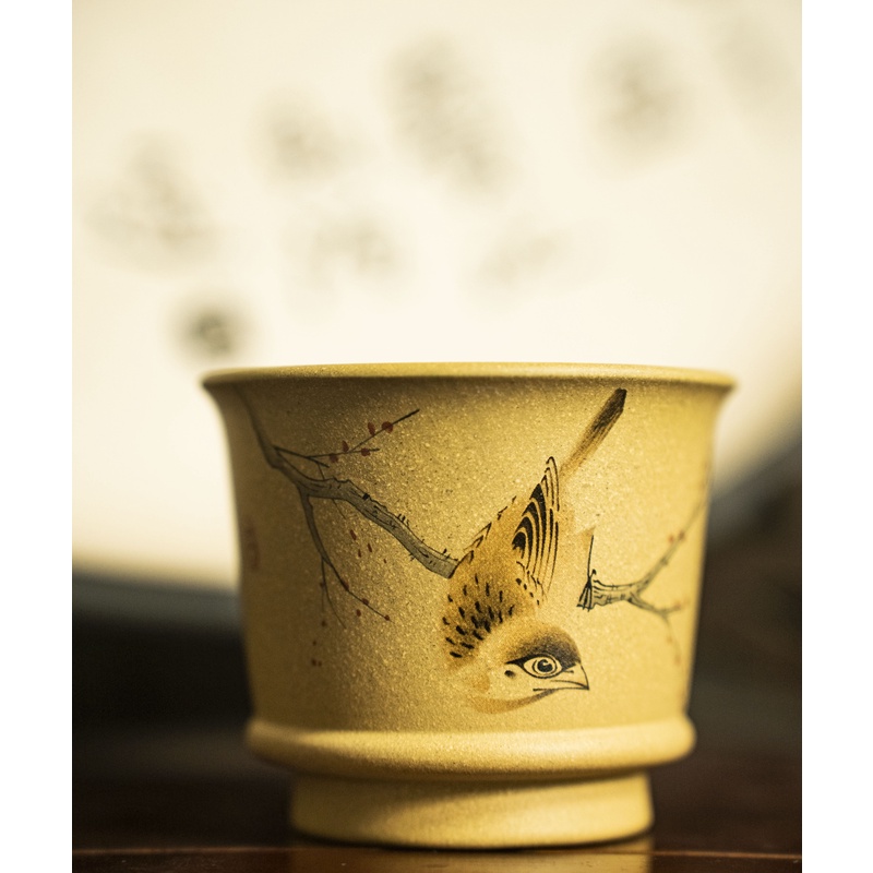 3014宜兴紫砂原矿黄金段手工贴花工艺手绘主人杯付士文紫砂杯茶杯