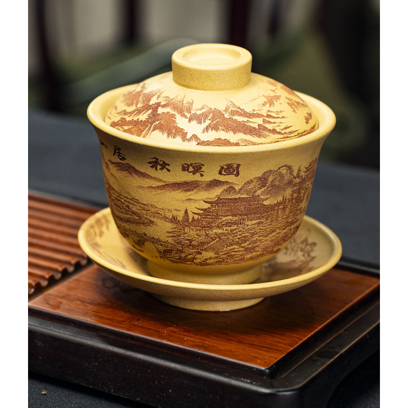 6265宜兴紫砂原矿黄金段手工雕刻秋瞑图大号陶瓷三才盖碗FSW