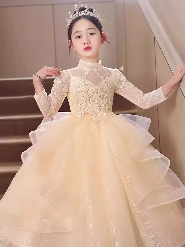 双11炸 高定香槟色闪亮儿童晚礼服春晚主持人钢琴生日表演礼服裙