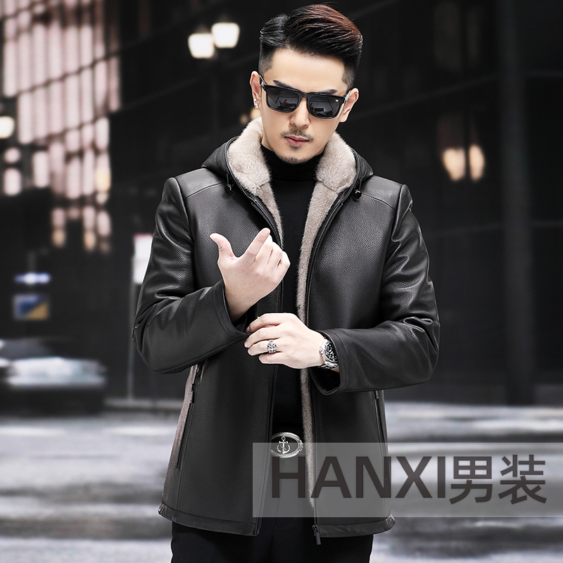 83351 鹿皮海宁皮衣男士中长款连帽 高档银兰字水貂内胆皮衣保暖