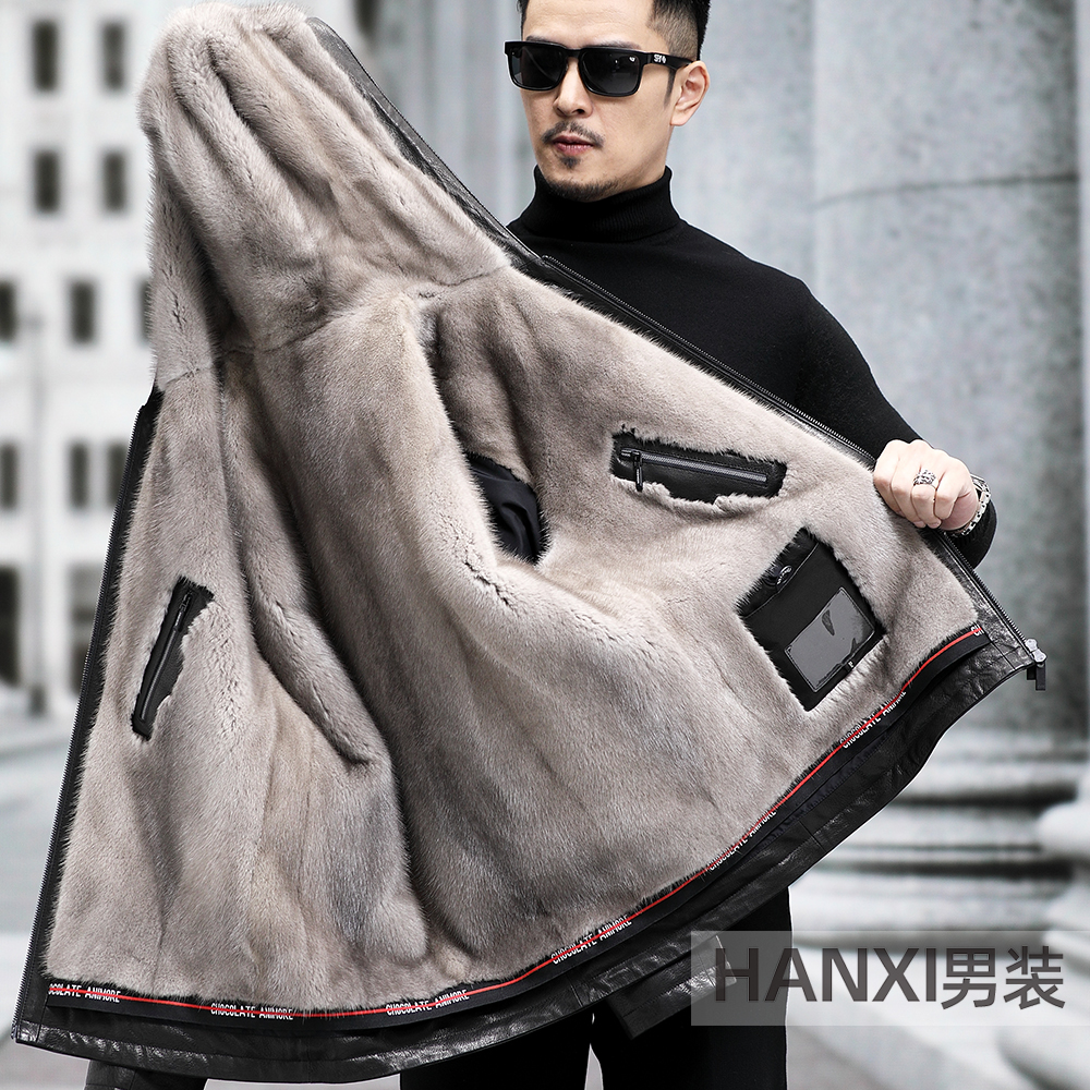  83515山羊皮衣银兰水貂 海宁真皮皮衣男士帽款 源头好货男款
