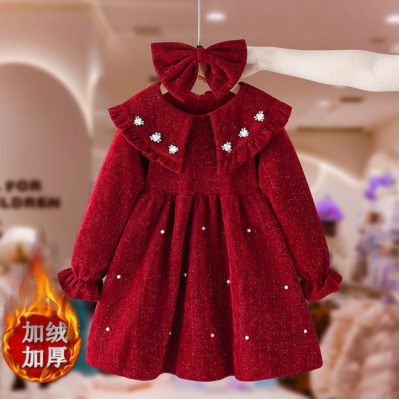 女童元旦加绒连衣裙秋冬装2025新款儿童秋冬季红色裙子女孩拜年服