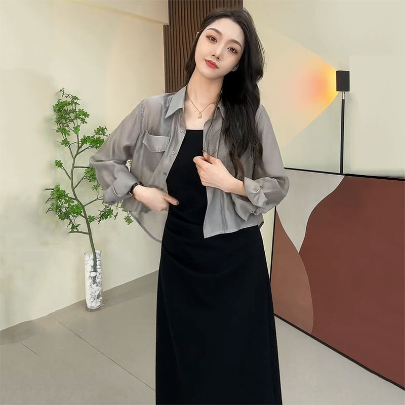 2025夏季防晒衣短款半透明衬衣学院风吊带显瘦中长裙女套装两件套