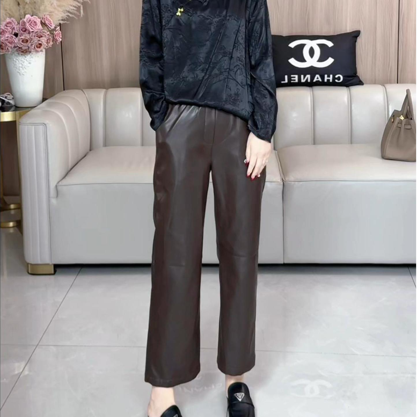 新秋宽松PU皮百搭阔腿裤女松紧腰宽松显瘦休闲大码直筒裤子601