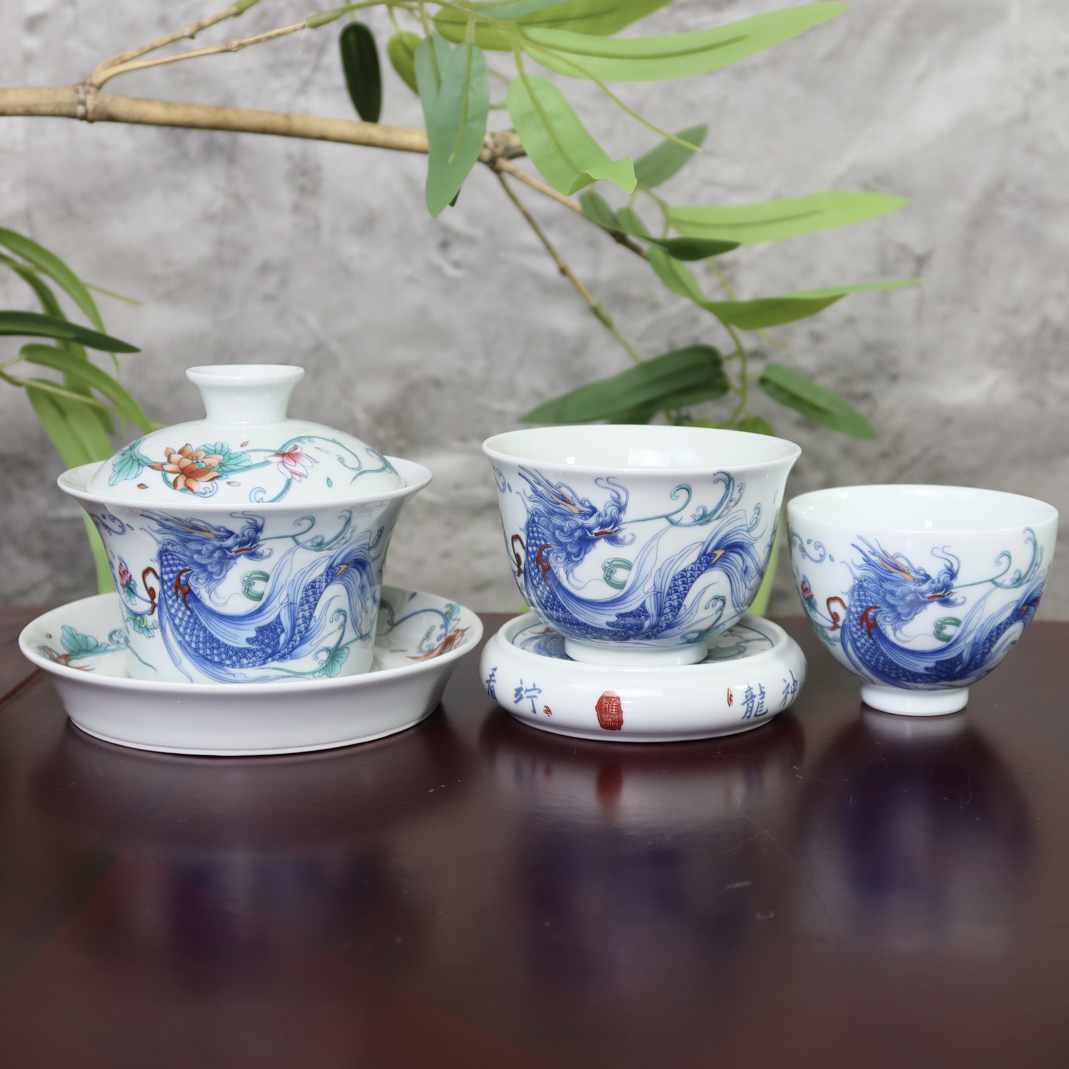 景德镇茶具青花斗彩鱼化龙鸱吻仿古泥缠枝莲盖碗品茗杯杯垫套装