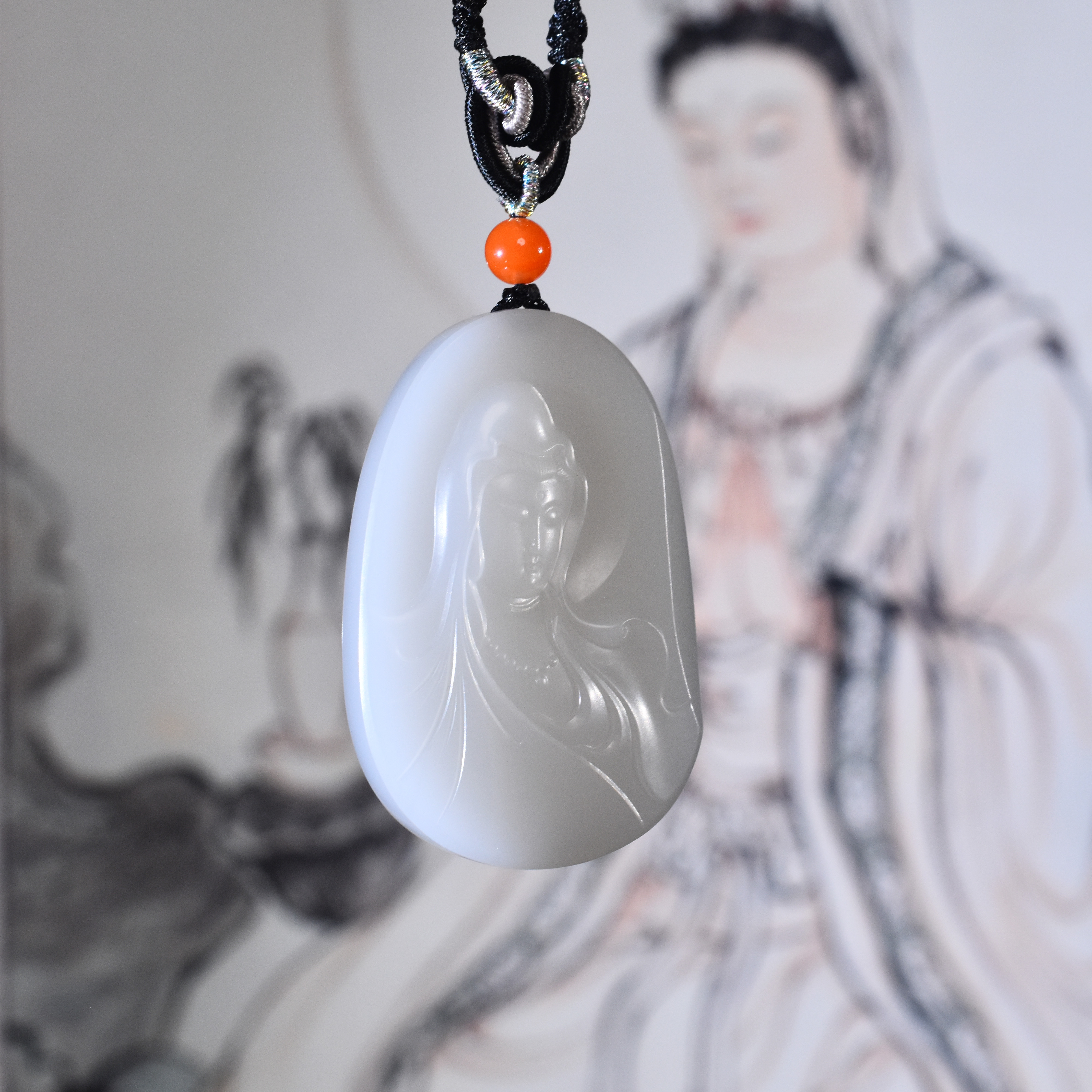 观海堂新疆和田玉白玉带皮观音牌苏工纯手工精雕精品吊坠男士气质