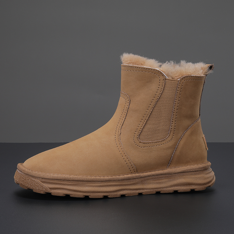 切尔西皮面雪地靴男新款懒人中筒短靴东北皮毛一体加厚棉鞋