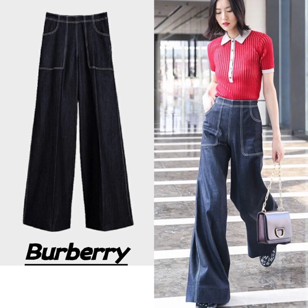 全新未使用 BURBERRY/博柏利 女士纯色缝线阔腿牛仔裤 WJE30027