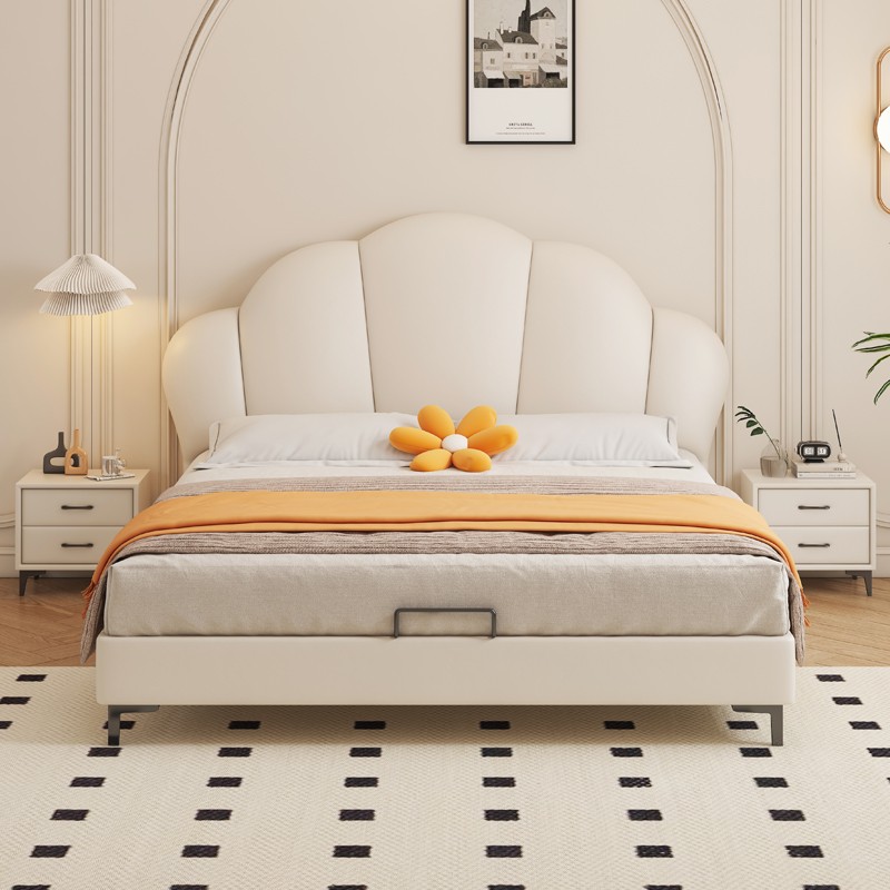 儿童床公主床真皮床软包儿童床少女公主床网红奶油风贝壳单人床