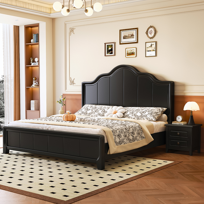 美式复古全实木床黑色轻奢主卧双人床现代简约家用小户型储物婚床