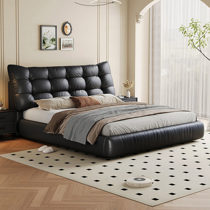 意式轻奢双人床现代简约软包床卧室实木储物大床轻奢榻榻米皮艺床