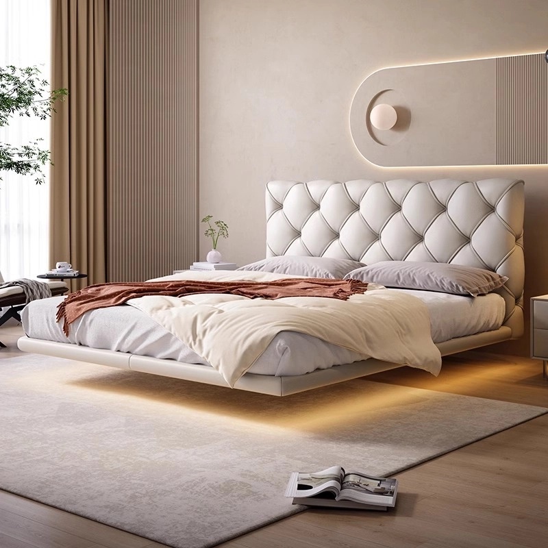 悬浮床奶油风带灯白色现代简约轻奢主卧婚床1.8双人真皮软包大床
