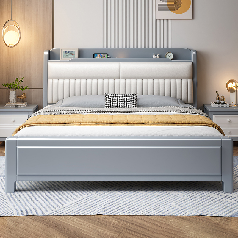 北欧实木双人床现代简约轻奢主卧软靠床头高箱储物婚床主卧大床