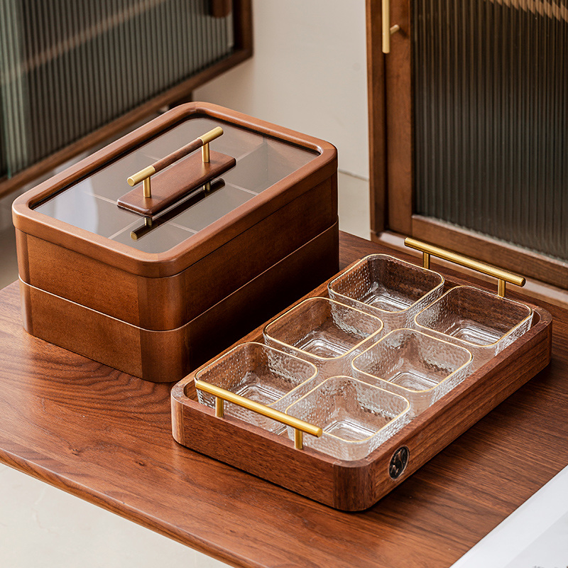 金边锤纹玻璃碗托盘果盒新中式茶室高档轻奢家用实木果盒托盘