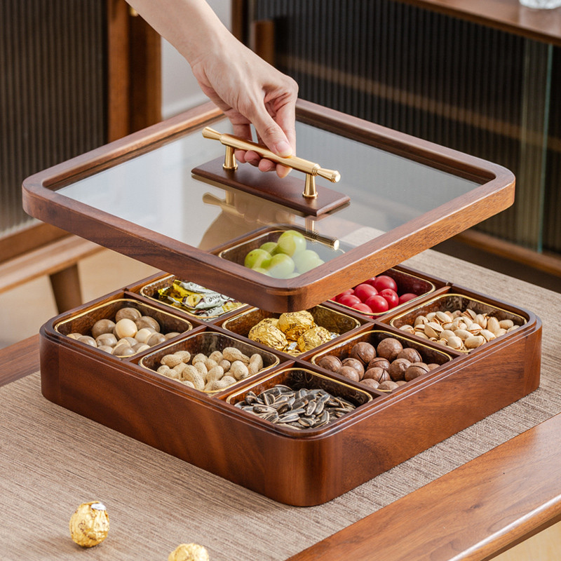 新中式胡桃木实木果盒客厅干果盒分格带盖坚果盘零食收纳家用果盘