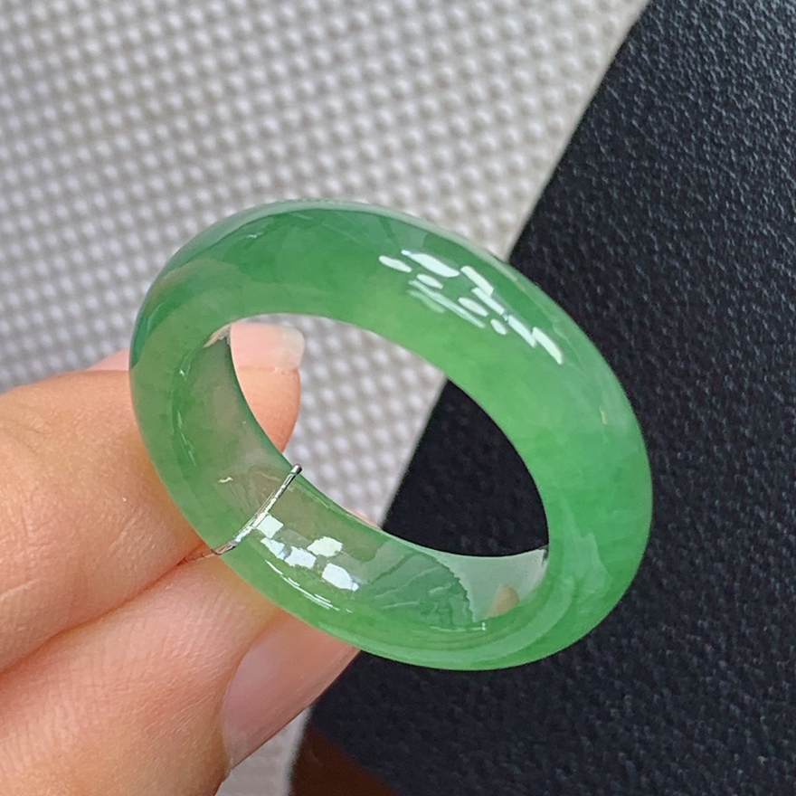 天然翡翠A货满绿冰透戒指戒圈17-18号内径18.2mm满圈绿宽版厚装