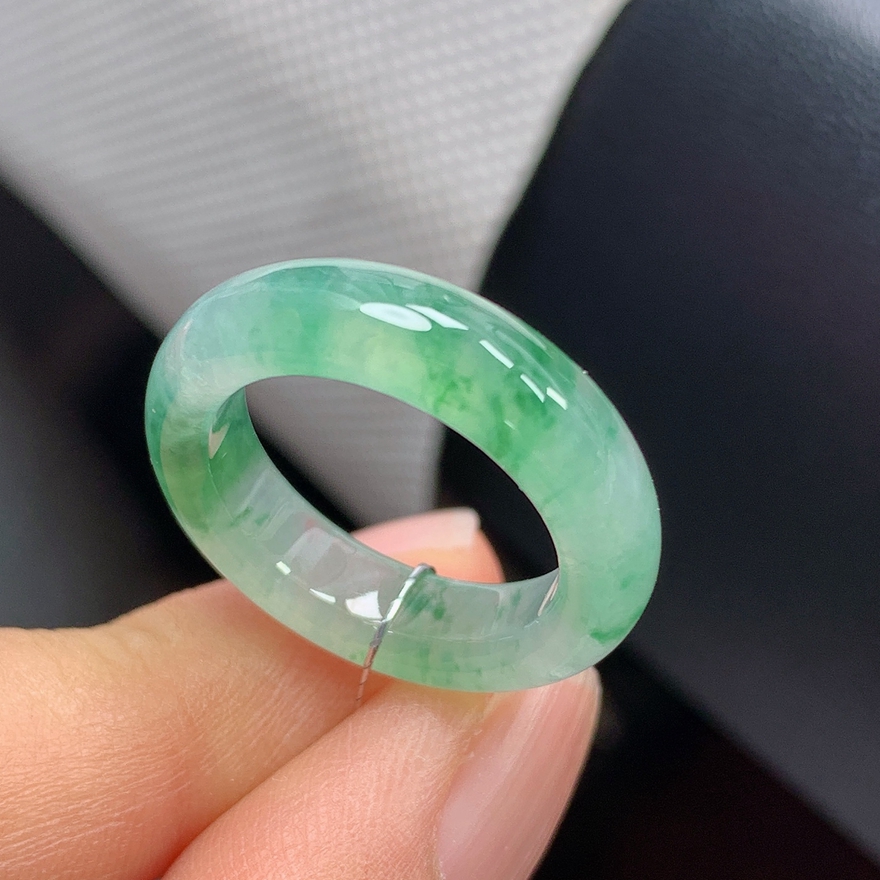 天然翡翠A货冰飘绿花戒指戒圈12号内径16.5mm冰透靓绿胶感十足