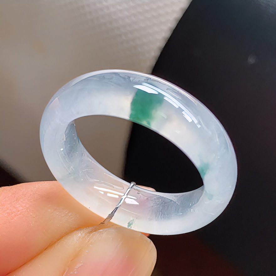 天然翡翠A货冰飘花戒指戒圈11号内径15.9mm冰种透亮起钢光精美
