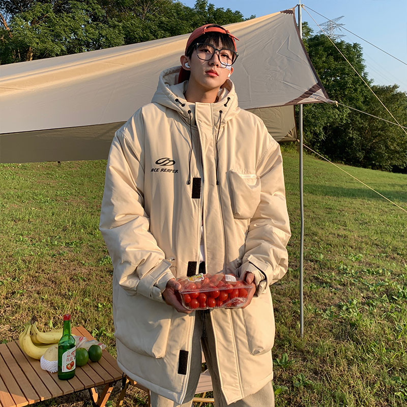 中长款工装棉衣男款ins宽松加厚连帽机能棉服潮牌过膝魔术贴外套