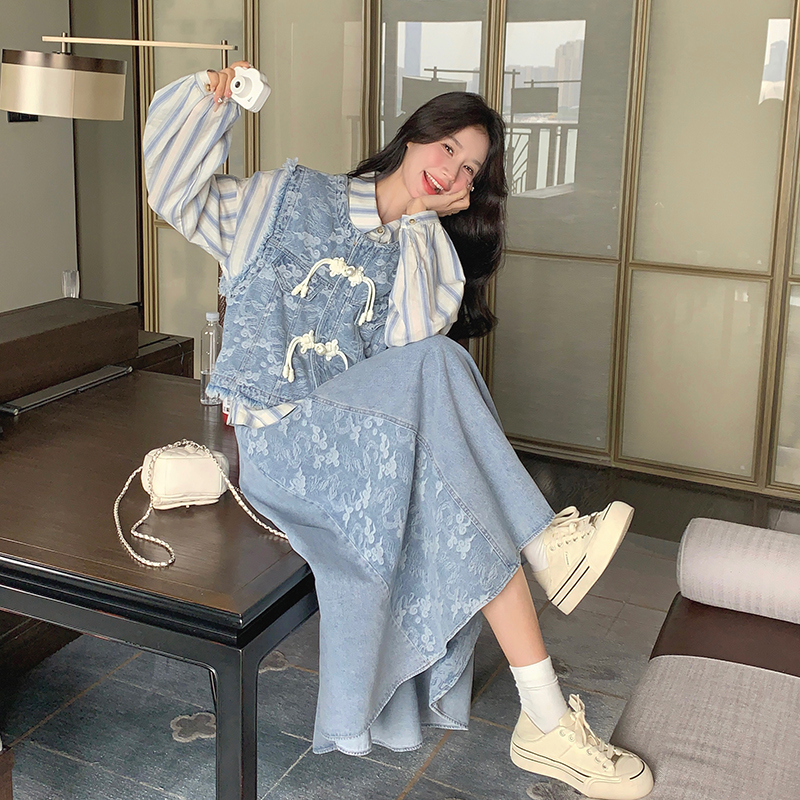 新中式国风牛仔套装女2025春秋新款条纹衬衫提花马甲半身裙三件套