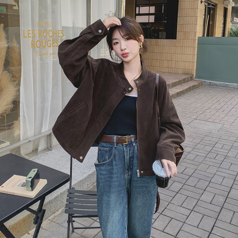 又A又飒美拉德麂皮绒短外套女2025春秋新款复古休闲气质夹克上衣