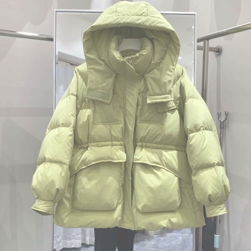 女大口袋新款羽绒服冬季女韩版保暖抽绳收腰连帽白鸭绒长袖外套