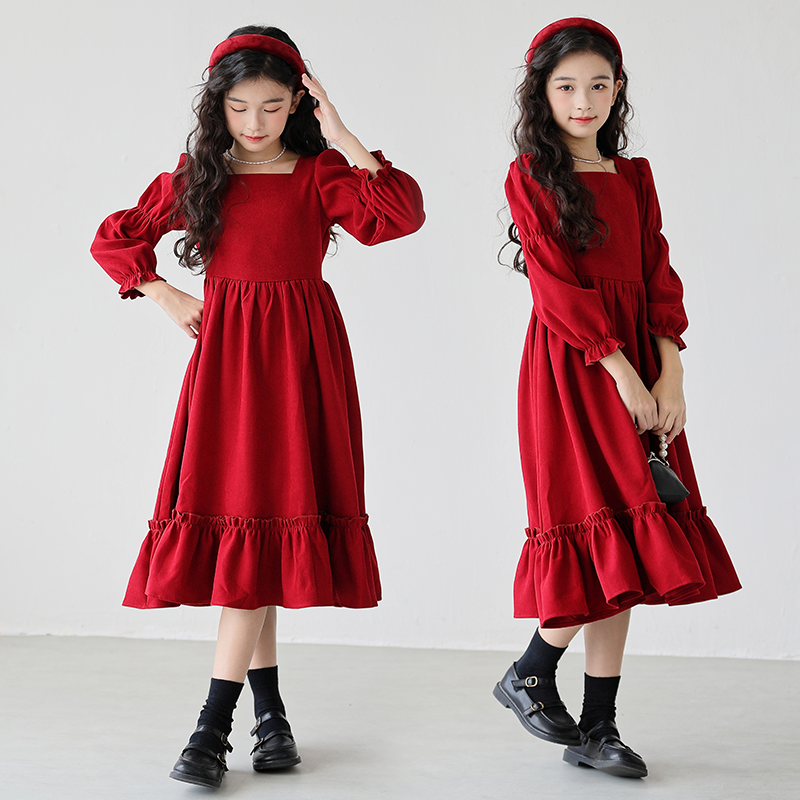 女童长袖秋冬连衣裙2025新款中大童韩版红色泡泡袖裙子女孩气质裙