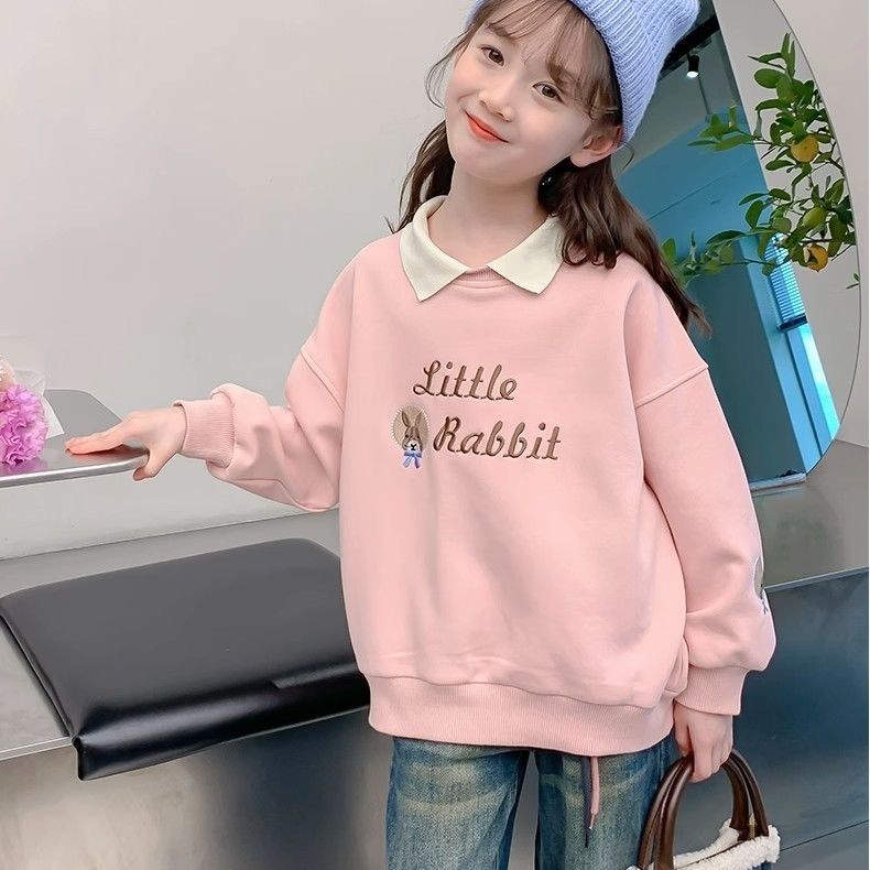 Polo衫翻领女童卫衣2023春秋新款中大童学院兔子刺绣宽