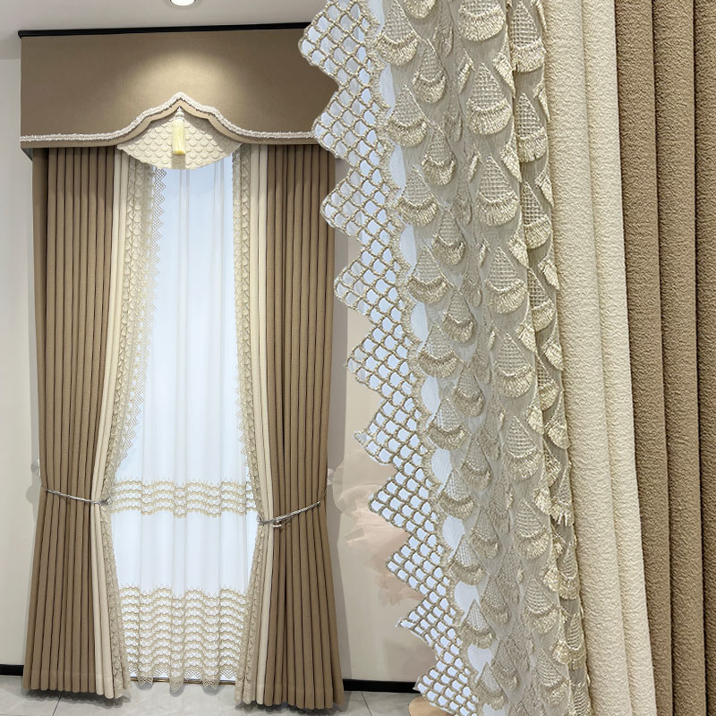 高档奶茶色轻奢客厅雪尼尔窗帘中古简约现代温馨卧室遮光窗纱窗帘